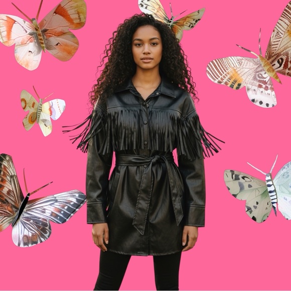 Vintage style SHEIN Black Faux Leather Fringe Belted Jacket - Picture 9 of 16